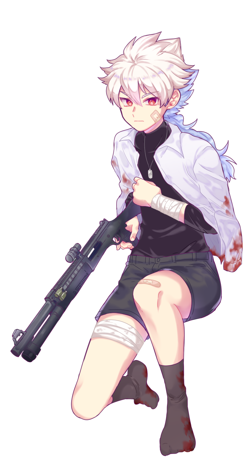 bandages benelli_m1014 blood bloody_clothes blue_hair full_body gun hakuryuu_(inazuma_eleven) highres inazuma_eleven_(series) inazuma_eleven_go long_hair looking_at_viewer male_focus multicolored_hair ponytail red_eyes shorts shotgun solo tete_(tetenim) transparent_background two-tone_hair weapon white_hair