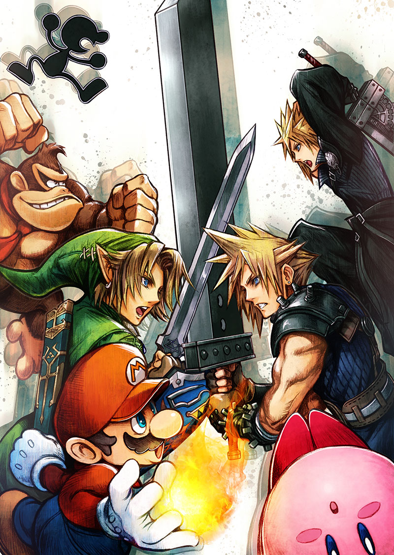 2015 ape clothed clothing cloud_strife crossover donkey_kong_(character) donkey_kong_(series) facial_hair fight fire hat human kirby kirby_(series) link magic mammal mario mario_bros melee_weapon mostly_nude mr._game_&amp;_watch mustache necktie nintendo nude overalls primate simple_background super_smash_bros sword tetsuya_nomura the_legend_of_zelda unknown_species upside_down video_games weapon white_background