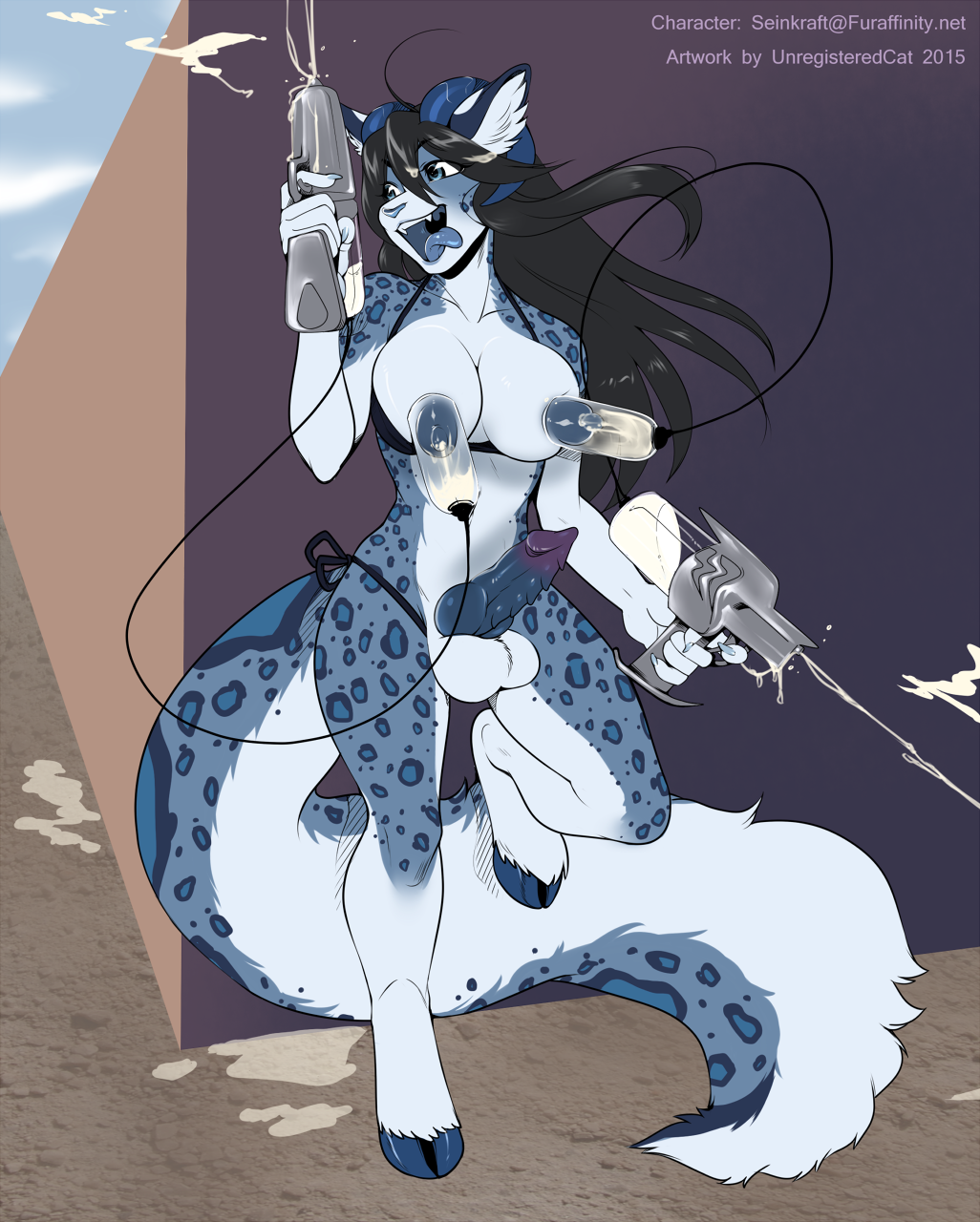 anthro balls bikini breast_milking breasts caprine clothing dickgirl erection feline fur goat hair hi_res hooves horn hybrid intersex knot lactating leopard long_hair mammal milk nipples penis seinkraft solo swimsuit teeth tongue unregisteredcat water_gun