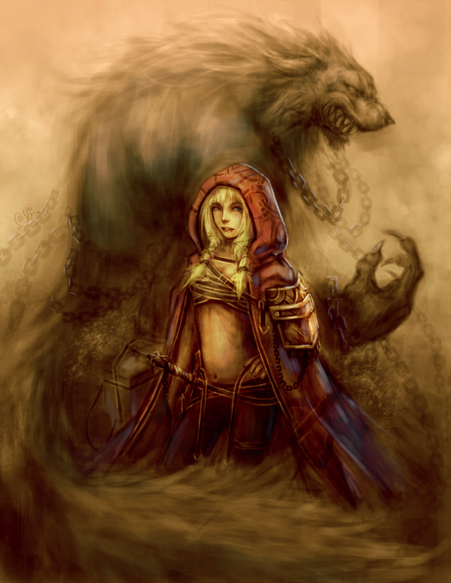 2011 alivanart angry big_bad_wolf blonde_hair blue_eyes canine cape chain claws clenched_teeth clothing detailed duo fangs female front_view fur grey_fur hair human little_red_riding_hood little_red_riding_hood_(copyright) long_hair looking_at_viewer male mammal melee_weapon navel no_pupils nude pants red_cape sharp_claws sharp_teeth side_view simple_background size_difference sketch small_shirt standing sword teeth weapon were werewolf
