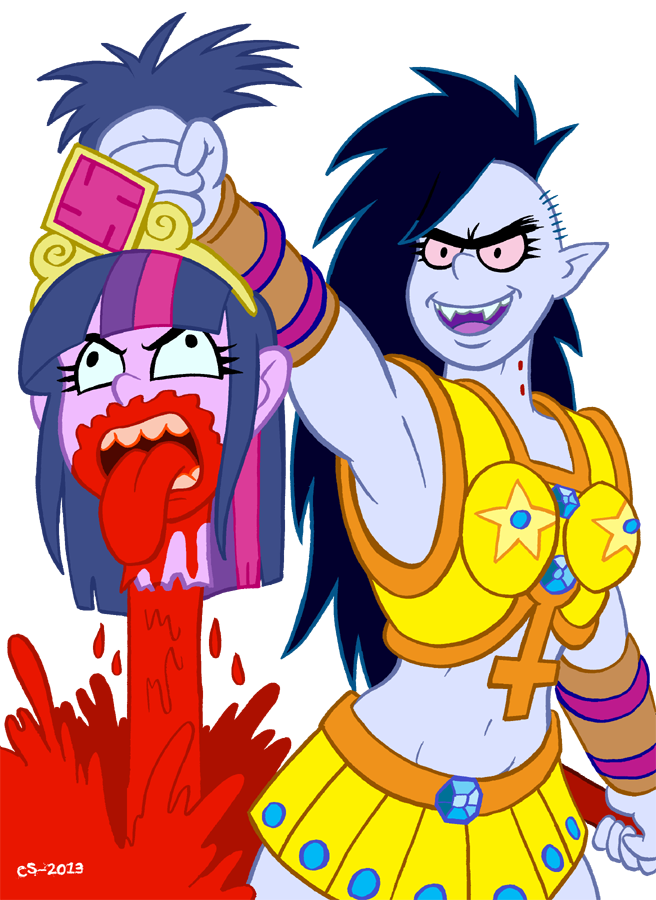 2013 adventure_time armor axe black_eyes black_hair blood breasts clothed clothing crown curtsibling death decapitation derp derp_eyes digital_media_(artwork) dripping duo emerald equestibooru_dykes equestria_girls eyebrow eyebrows eyelashes fangs female gore grey_skin grotesque grotesque_death hair human humanoid inverted_cross long_hair mammal marceline melee_weapon multicolored_hair my_little_pony navel nazi open_mouth parody proud purple_skin red_sclera skirt star swastika teeth tongue tongue_out twilight_sparkle_(eg) vampire watermark weapon white_sclera