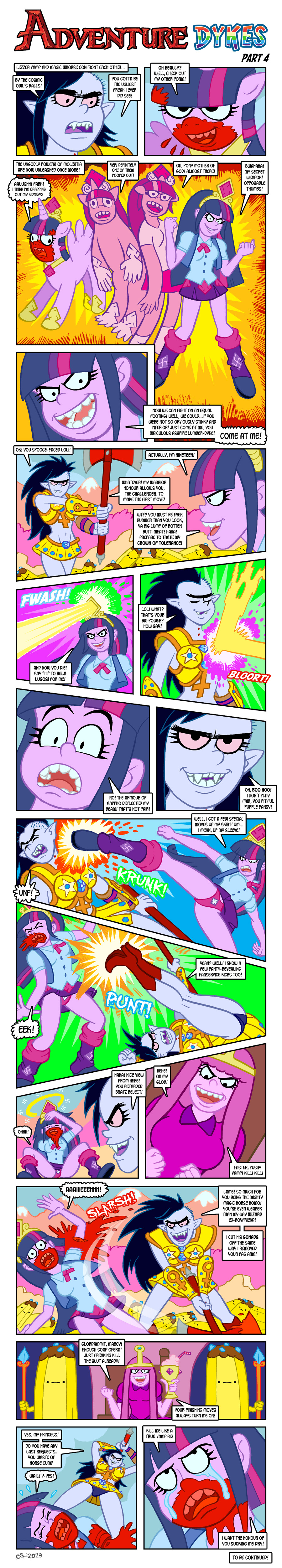 ! 2013 absurd_res adventure_time angry armor axe black_eyes black_hair blood blue_background blue_skin border breasts candy clothed clothing comic crown crying curtsibling decapitation detailed_background digital_media_(artwork) dripping emerald english_text equestibooru_dykes equestria_girls equine eyebrow eyebrows eyelashes eyes_closed fangs food footwear friendship_is_magic fur grin group hair halo hi_res high_heels horn horse human humanoid laser leg_warmers legwear long_hair looking_at_viewer looking_up mammal marceline melee_weapon milkshake mountain multicolored_hair my_little_pony nazi open_mouth outside pink_hair pony princess_bubblegum purple_fur purple_skin rainbow_text red_sclera shirt shoes simple_background skirt speech_bubble surprise swastika tears teeth text tongue twilight_sparkle_(eg) twilight_sparkle_(mlp) underwear vampire watermark weapon white_border white_sclera winged_unicorn wings