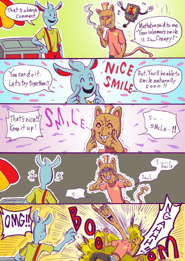 anthro blush burgerpants cat cigarette clothing comic dialogue feline grin hat invalid_tag jyu_shige lagomorph male mammal mettaton nicecream_man rabbit smile smoking speech_bubble text undertale video_games