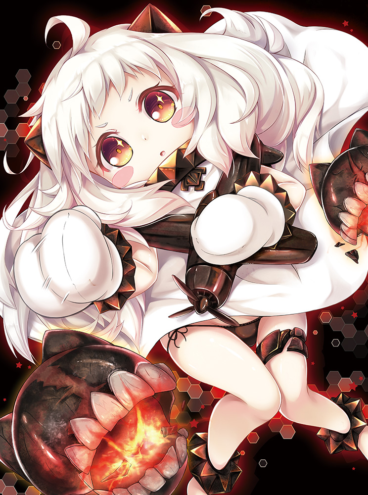 :o ahoge aircraft airplane bangs black_panties blush_stickers dress dress_lift fire hexagon horns kantai_collection long_hair looking_at_viewer mittens northern_ocean_hime panties red_eyes shinkaisei-kan side-tie_panties sleeveless sleeveless_dress solo star string_panties teeth thigh_strap underwear white_dress white_hair white_skin yuriko