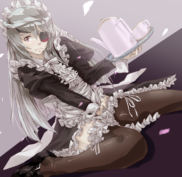 eyepatch frilled_legwear frilled_skirt frills hiropon_pj infinite_stratos laura_bodewig long_hair looking_to_the_side maid maid_headdress pale_skin petals puffy_sleeves red_eyes simple_background sitting skirt solo thighhighs tray very_long_hair wariza