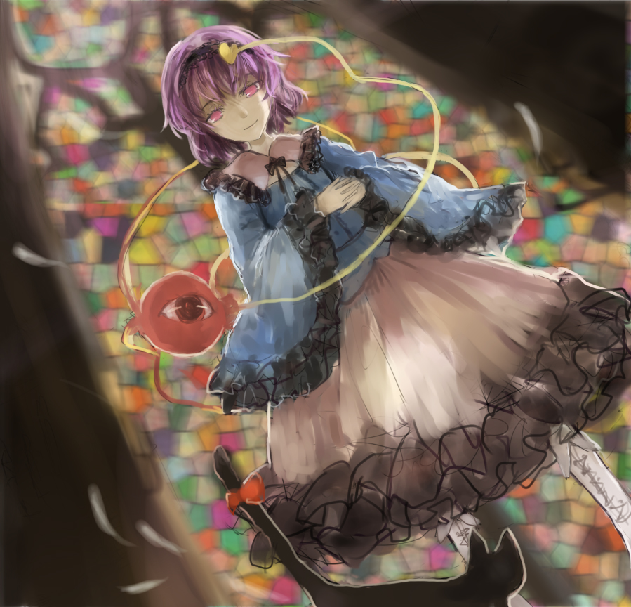 animal black_fur blue_shirt bow cat dutch_angle eyeball hairband hand_on_own_chest heart ingaran_riel kaenbyou_rin kaenbyou_rin_(cat) komeiji_satori long_sleeves mosaic purple_eyes purple_hair shirt short_hair skirt smile solo third_eye touhou white_skirt window