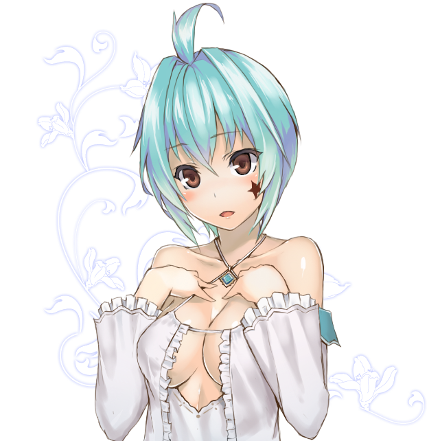 aqua_hair bare_shoulders blush breasts brown_eyes cleavage frills hands_on_own_chest large_breasts nakamura_nagare no_bra open_mouth panis_repca phantasy_star phantasy_star_online_2 solo star upper_body