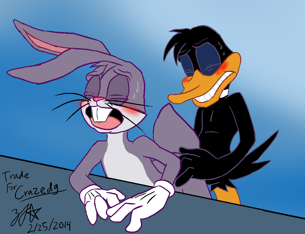 2014 anal avian beak bird black_body blush bugs_bunny clothing daffy_duck duck duo eyes_closed fur gloves grey_fur lagomorph looney_tunes low_res male male/male mammal open_mouth pink_nose rabbit sex teeth tongue warner_brothers whiskers zjg
