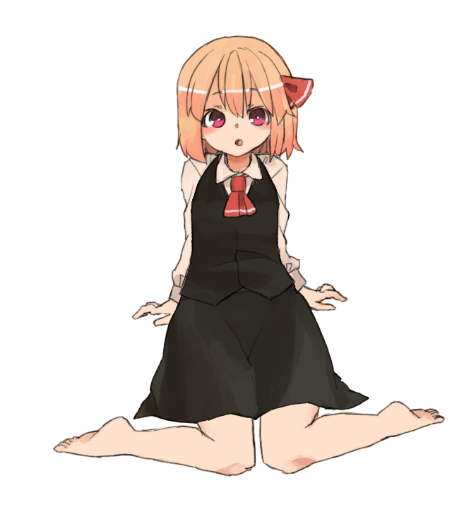 arm_support barefoot black_skirt black_vest blonde_hair blouse blush collared_shirt cravat dress_shirt full_body hair_ribbon leaning_back long_sleeves looking_at_viewer mary_janes necktie open_mouth purple_eyes red_footwear red_ribbon ribbon rumia shirt shoes short_hair simple_background sitting skirt solo touhou vest white_background white_blouse white_shirt wing_collar yunuki_uta