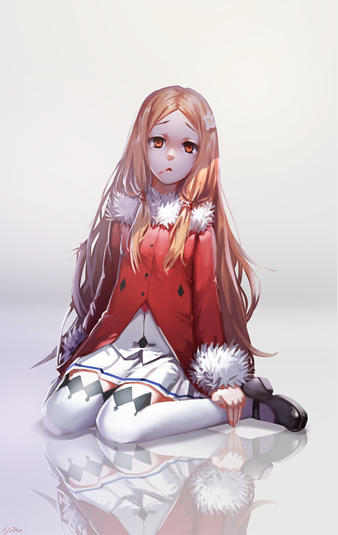 blood flower guilty_crown hair_ornament long_hair looking_at_viewer minhoo open_mouth ouma_mana pink_hair red_eyes sitting solo thighhighs wariza