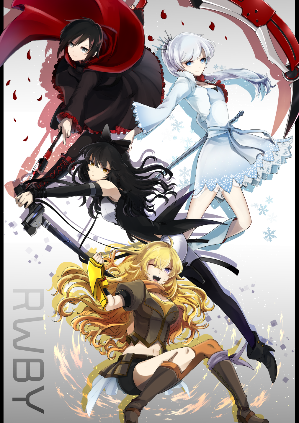 ;d ankle_boots belt_boots black_footwear black_hair blake_belladonna blonde_hair blue_eyes boots bow brown_footwear copyright_name crescent_rose cross-laced_footwear dress ember_celica_(rwby) gambol_shroud hair_bow highres knee_boots lace-up_boots leg_up legwear_under_shorts long_hair looking_at_viewer mate@juken midriff multiple_girls myrtenaster navel one_eye_closed open_mouth outside_border pantyhose pantyhose_under_shorts parted_lips petals pillarboxed ponytail rose_petals ruby_rose rwby scythe short_hair shorts silver_hair smile snowflakes sword weapon weiss_schnee white_background white_footwear yang_xiao_long yellow_eyes