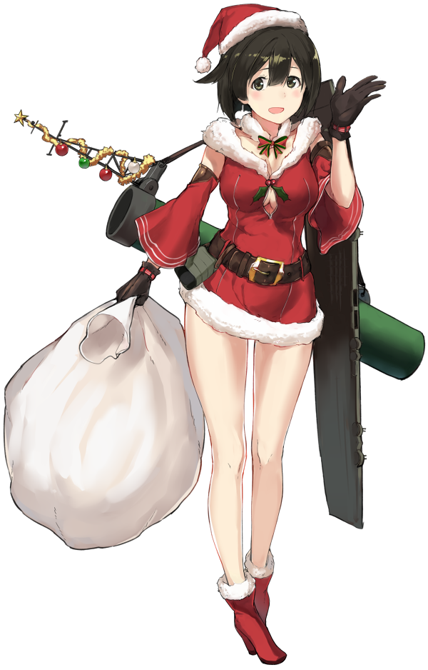 :d alternate_costume ankle_boots bag bangs bare_legs belt black_eyes black_gloves black_hair blush boots bow bowtie breasts christmas christmas_garland christmas_ornaments cleavage cleavage_cutout detached_collar detached_sleeves dress flight_deck flipped_hair full_body fur-trimmed_boots fur_collar fur_trim garland_(decoration) gloves hair_between_eyes happy hat high_heel_boots high_heels hiryuu_(kantai_collection) holding holding_bag holly kantai_collection legs looking_at_viewer medium_breasts no_bra no_socks open_mouth poco_(backboa) quiver red_dress red_footwear sack santa_costume santa_hat short_dress short_hair sleeveless sleeveless_dress smile solo standing transparent_background waving wide_sleeves