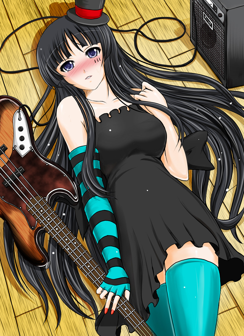 akiyama_mio amplifier bangs bass_guitar black_hair blue_eyes blunt_bangs blush breasts cable don't_say_"lazy" dress facepaint fender fingerless_gloves gloves hat hime_cut hozumi_kenji instrument jazz_bass k-on! large_breasts long_hair lying mini_hat mini_top_hat nail_polish on_back red_nails solo striped thighhighs top_hat