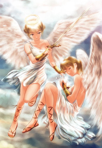 2girls angel angels cloud clouds dress eyes_closed halo lowres multiple_girls s_zenith_lee sandals sky sun_rays sword weapon wings