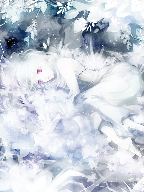 barefoot dress long_hair lying on_side original pale_color pink_eyes solo spot_color white white_background white_hair yuukichi