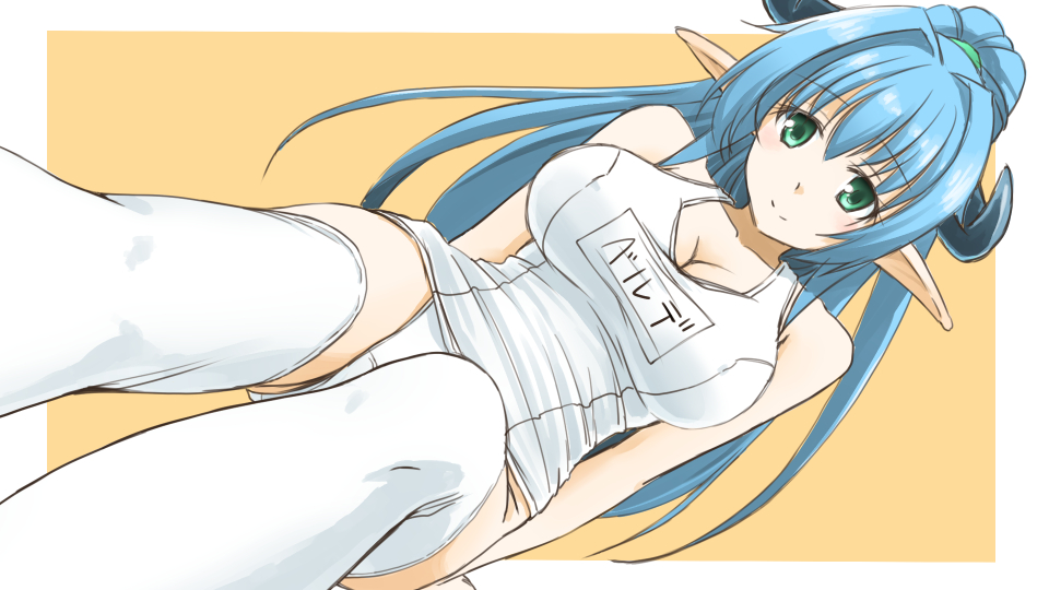 borrowed_character breasts cleavage green_hair horns large_breasts long_hair one-piece_swimsuit original pointy_ears school_swimsuit shimotsuki_iko smile solo swimsuit thighhighs white_school_swimsuit white_swimsuit