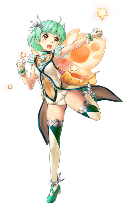 :d ahoge anklet armpits bangs bow bracelet breasts brooch choker clenched_hands covered_navel fairy fairy_wings feathers frills full_body gloves green_footwear green_hair hair_ornament happy jewelry joy_(sennen_sensou_aigis) leg_up looking_at_viewer official_art open_mouth orange_eyes outstretched_arm ribbon school_swimsuit sennen_sensou_aigis short_hair small_breasts smile solo standing standing_on_one_leg star swimsuit swimsuit_costume thighhighs transparent_background uchiu_kazuma white_gloves white_legwear wings
