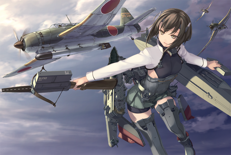 aircraft airplane b7a_ryuusei bike_shorts bow_(weapon) breasts brown_eyes brown_hair cloud commentary_request crossbow day flying green_skirt headband headgear holding holding_weapon kantai_collection machinery propeller remodel_(kantai_collection) rigging rokuwata_tomoe short_hair shorts shorts_under_skirt sideboob skirt sky small_breasts solo_focus taihou_(kantai_collection) thighhighs torpedo weapon