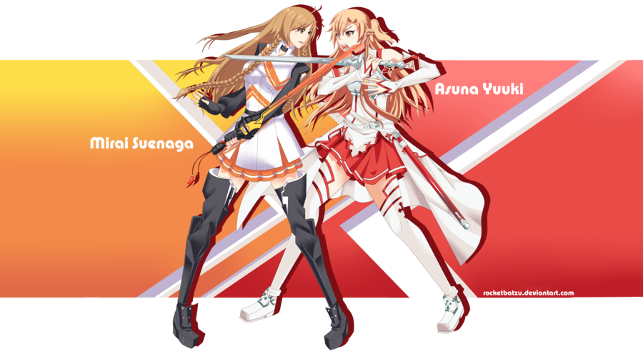 asuna_(sao) braid brown_eyes brown_hair character_name culture_japan long_hair mirai_millennium multiple_girls skirt suenaga_mirai sword_art_online twin_braids