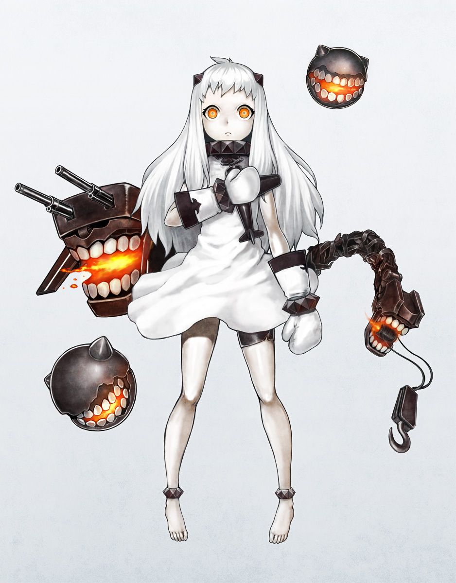 ahoge aircraft airplane dress enemy_aircraft_(kantai_collection) frown highres holding horns kantai_collection long_hair looking_at_viewer machinery makun_dx mittens northern_ocean_hime orange_eyes shinkaisei-kan simple_background solo turret white_dress white_hair white_skin