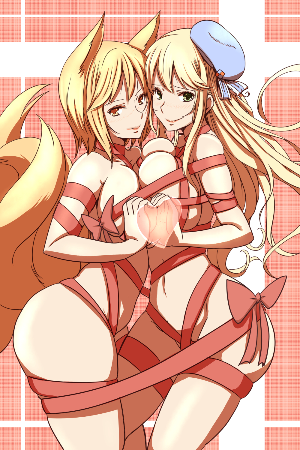 animal_ears atago_(kantai_collection) bdsm blonde_hair bondage bound breast_press breasts dearmybrothers fox_ears fox_tail gift_wrapping green_eyes hat heart heart_hands heart_hands_duo highres kantai_collection large_breasts long_hair looking_at_viewer multiple_girls multiple_tails naked_ribbon red_ribbon ribbon ribbon_bondage short_hair skindentation symmetrical_docking tail touhou very_long_hair yakumo_ran yellow_eyes