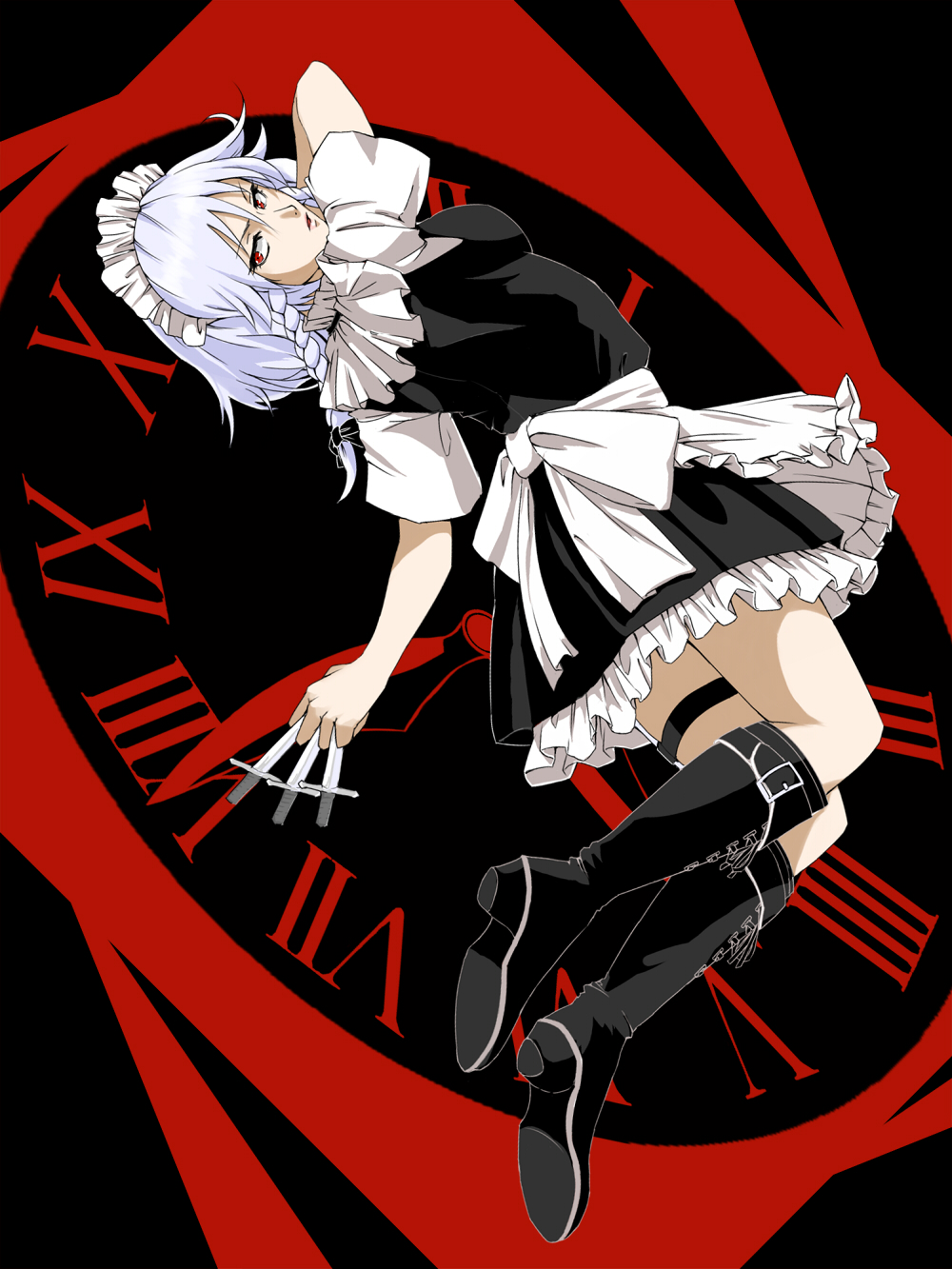 action alternate_color apron belt_boots black_background black_dress black_footwear boots bow braid breasts clock cross-laced_footwear dress frilled_apron frilled_dress frills from_behind frown hair_bow highres holding holding_knife izayoi_sakuya kazu_(rakugakino-to) knee_boots knife knives_between_fingers lace-up_boots maid maid_apron maid_headdress medium_breasts parted_lips player_2 red_background red_eyes roman_numerals shirt short_dress short_hair short_sleeves silver_hair sleeveless sleeveless_dress solo thigh_strap thighs touhou twin_braids two-tone_background white_shirt