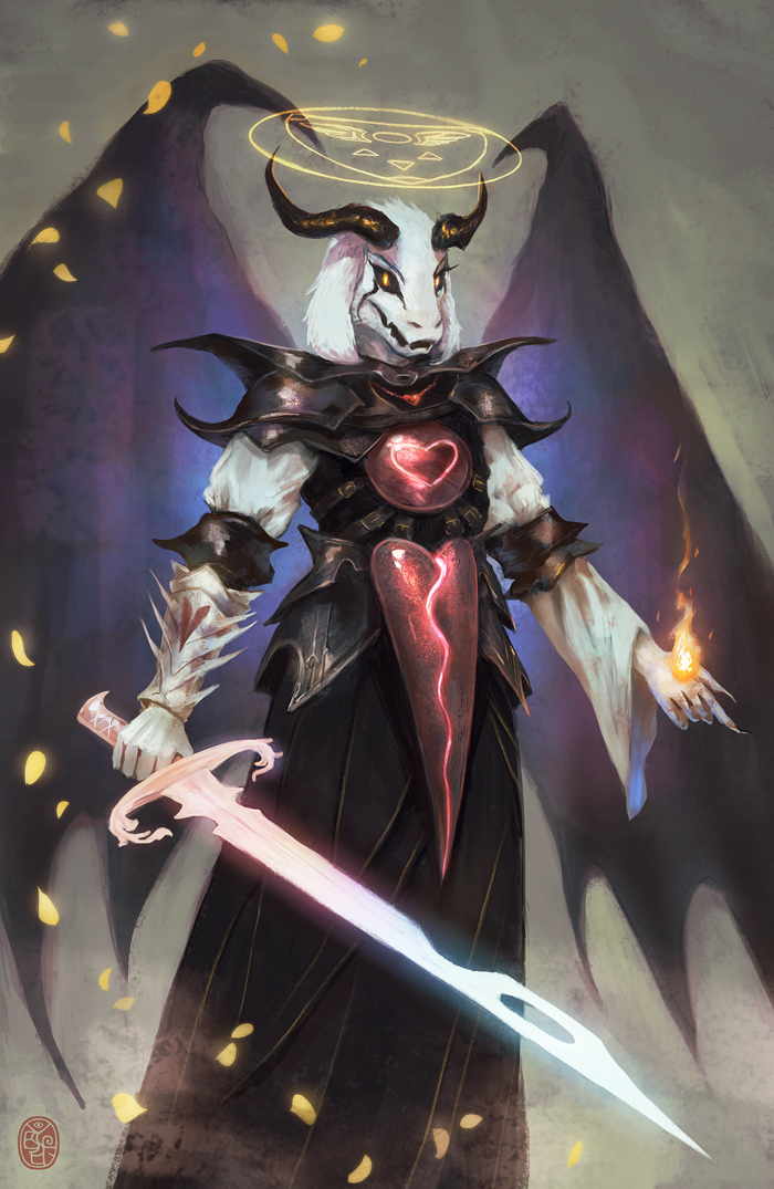 armor asriel_dreemurr black_sclera fangs fire halo heart horns male_focus monster_boy solo spoilers sword undertale vesssel weapon wings yellow_eyes