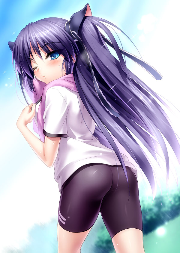 ass bike_shorts blue_eyes blush collar_tug gym_uniform hair_ribbon little_busters! long_hair looking_at_viewer looking_back outdoors purple_hair ribbon sasasegawa_sasami shirt short_sleeves solo sparkle sweat towel zen