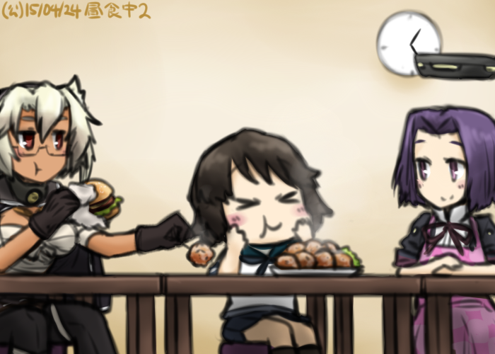 &gt;_&lt; apron black_hair blush clock closed_eyes dated food hamburger hamu_koutarou kantai_collection mechanical_halo miyuki_(kantai_collection) multiple_girls musashi_(kantai_collection) purple_hair school_uniform serafuku table tatsuta_(kantai_collection) translated white_hair