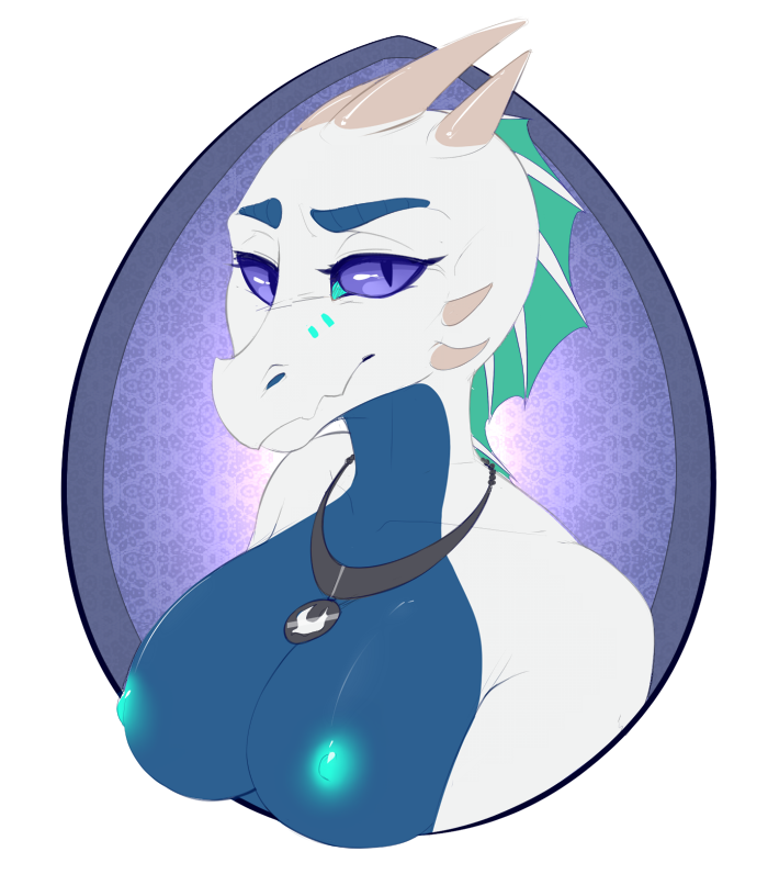 2015 anthro bioluminescence blue_scales breasts bust_portrait collarbone digital_media_(artwork) dragon facial_markings female glowing here-kitty--kitty horn jewelry laila_myrhe looking_at_viewer markings necklace nipples purple_sclera scales scalie slit_pupils solo spikes spines white_scales wyvern