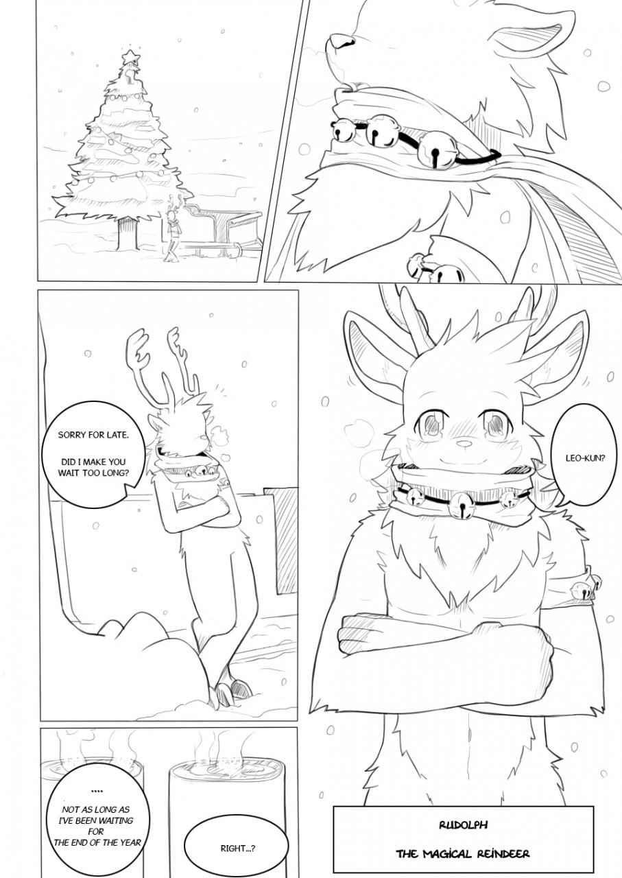 anthro antlers black_and_white blush cervine christmas comic crossed_arms cup duo english_text featureless_crotch hi_res holidays horn leaning leaning_back leo_(whiteleo) looking_at_viewer mammal monochrome mostly_nude pecs reindeer rudolph_the_red_nosed_reindeer scarf sleigh smile snow speech_bubble standing text tree whiteleo winter