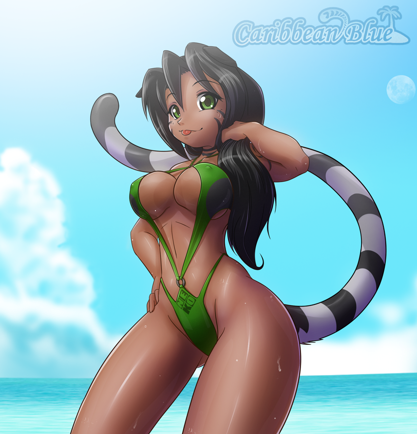 animal_humanoid anthro beach big_breasts bikini black_hair black_stripes breasts caribbean_blue cat cat_humanoid cat_tail clothed clothing facial_markings feline female green_eyes hair human humanoid kimi long_hair mammal markings nekonny nipple_bulge outside seaside sling_bikini solo stripes swimsuit water