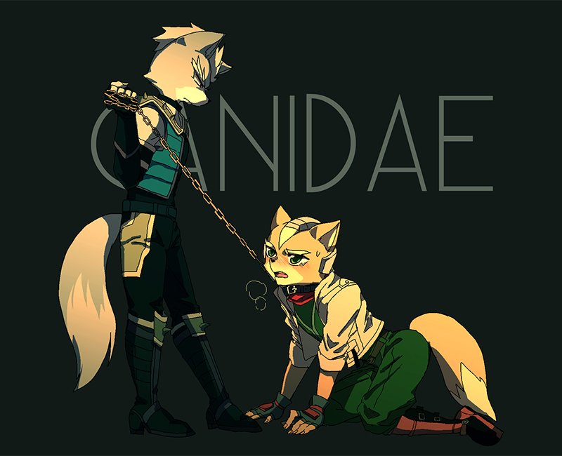 2boys ??? anthro black_nose boots canine chain clothing domination duo english_text footwear fox fox_mccloud furry male mammal multiple_boys nintendo star_fox text video_games wolf wolf_o'donnell wolf_o'donnell