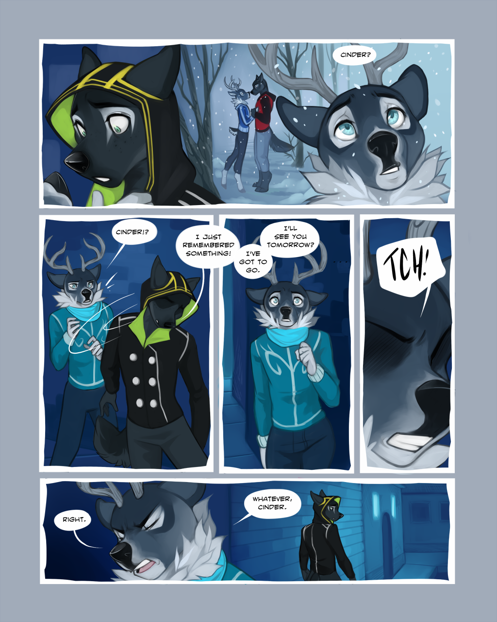 ... 2015 5_fingers anthro antlers black_fur black_nose blue_eyes canine cervine cinder_(cinderfrost) clothing comic deer demicoeur dialogue duo embrace english_text eye_contact fangs frost_(cinderfrost) fur grey_fur group hi_res horn interspecies looking_back male mammal multicolored_fur outside speech_bubble text two_tone_fur white_fur wolf