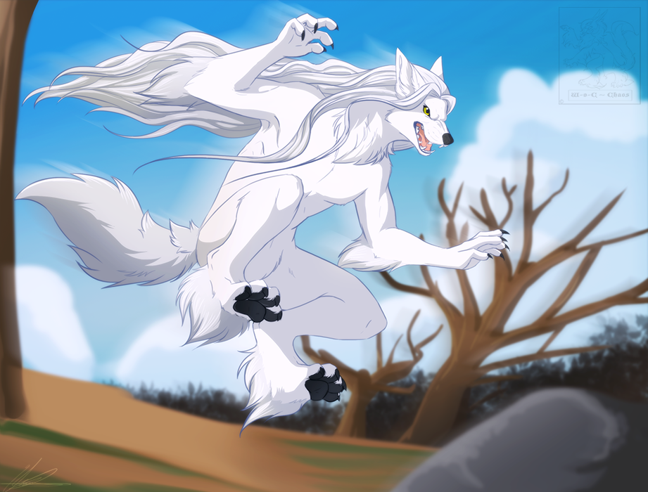 2015 4_toes angry anthro blue_sky canine claws cloud day digital_media_(artwork) dutch_angle fangs fur hair half-closed_eyes hindpaw jumping long_hair male mammal nude open_mouth outside pawpads paws sky solo teeth toe_claws toes tongue tree watermark white_fur white_hair wing-of-chaos wolf