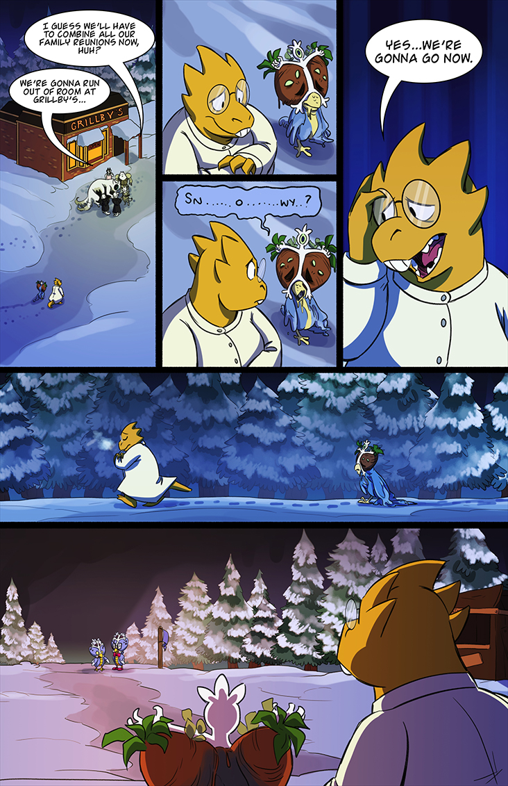 alphys comic dog dogamy dogaressa doggo endogeny english father_and_son flag glasses good_end greater_dog husband_and_wife lesser_dog lynxgriffin monster monster_girl mother_and_son multiple_girls pine_tree red_footwear restaurant shoes snow snowdrake snowdrake's_father snowdrake's_mother spoilers tail tail_wagging tree undertale