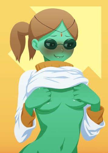 adventure_time bangs blush bottomless breast_suppress breasts brown_hair circlet clothes_lift covering covering_breasts deep_skin doctor_princess forehead_jewel green_skin light_smile lips lowres mike_inel naked_sweater navel out-of-frame_censoring parted_bangs short_hair solo split_ponytail sunglasses sweater sweater_lift