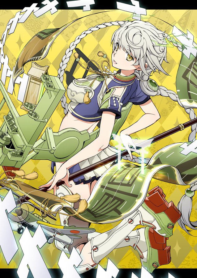 aircraft airplane aka_ringo antlers asymmetrical_hair banner bare_shoulders braid breasts brown_legwear cleavage_cutout cloud_print crop_top from_behind jitome kantai_collection large_breasts long_hair looking_at_viewer machinery midriff miniskirt open_mouth remodel_(kantai_collection) scroll shikigami short_sleeves silver_hair single_braid skirt smile solo staff thighhighs unryuu_(kantai_collection) very_long_hair yellow_eyes zettai_ryouiki