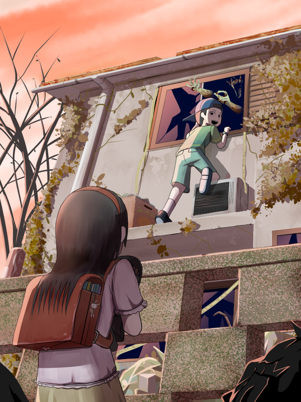 1girl air_conditioner backpack bad_id bad_pixiv_id bag bag_charm banned_artist bare_tree baseball_cap book box broken_window brown_hair can cardboard_box charm_(object) climbing commentary_request doll empty_eyes fence ghost hairband hands hat highres holding holding_bag house ivy long_hair looking_at_another nail_polish okahi open_mouth orange_sky original overgrown plant randoseru red_nails school_bag shoes shorts sky socks soda_can through_window trash_bag tree undead watch window wristwatch zombie