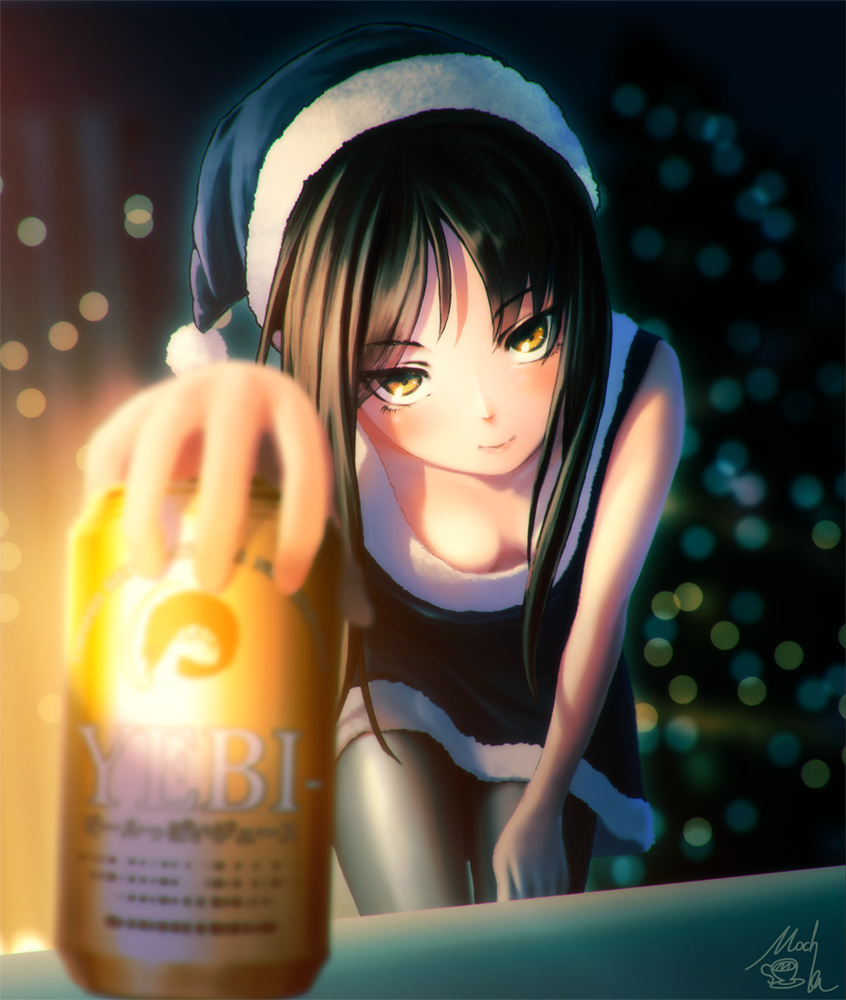 beer_can bent_over black_dress black_hair black_hat black_legwear black_santa_costume blurry blush bokeh breasts brown_hair can christmas christmas_tree cleavage closed_mouth depth_of_field downblouse dress fur_trim glowing hand_on_lap hat holding long_hair looking_at_viewer mocha_(cotton) night original pantyhose pom_pom_(clothes) product_placement santa_costume santa_hat signature sleeveless sleeveless_dress small_breasts smile solo yebisu yellow_eyes