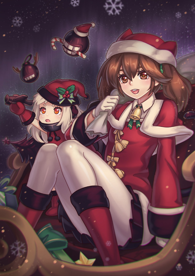 aircraft airplane bell blush box brown_eyes brown_hair candy candy_cane christmas dress food gift gift_box gloves holly horns kaizeru kantai_collection long_hair long_sleeves mittens multiple_girls northern_ocean_hime open_mouth pale_skin pantyhose red_eyes ryuujou_(kantai_collection) shinkaisei-kan skirt sleigh smile snowflakes star twintails white_gloves white_legwear