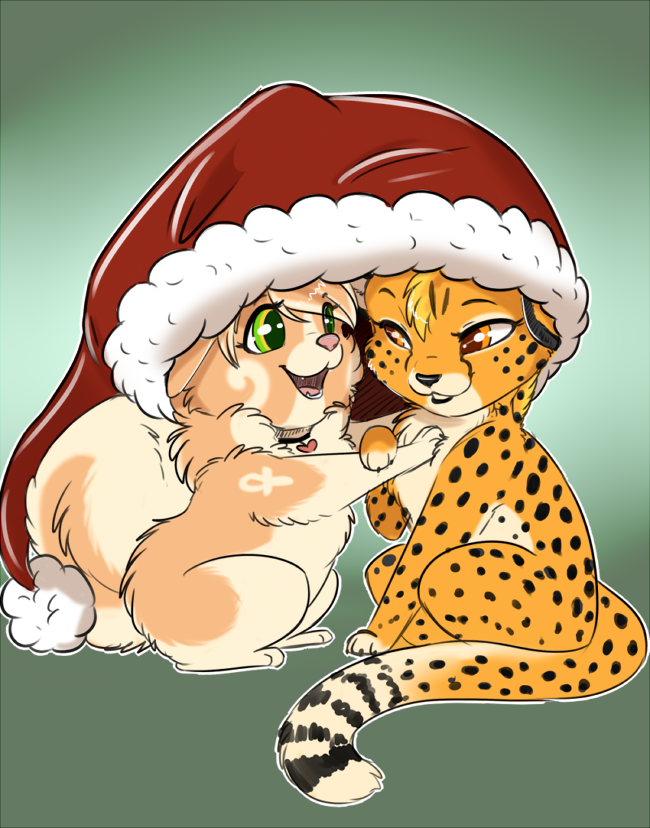 2015 ambiguous_gender canine cheetah christmas collar cute dog feline female feral fur green_eyes hat holidays mammal orange_eyes pomeranian rika santa_hat tan_fur