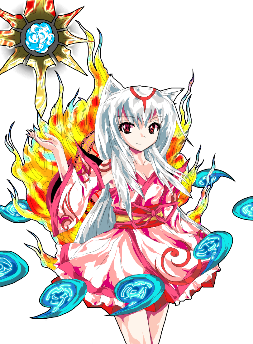 alphes_(style) amaterasu animal_ears fire formless_god japanese_clothes magatama ookami_(game) parody personification red_eyes solo style_parody sword tail touhou weapon white_hair wolf_ears wolf_tail