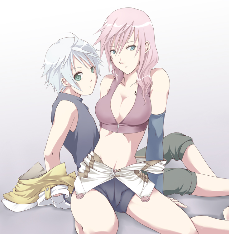 1girl bike_shorts blue_eyes breasts cleavage elbow_gloves final_fantasy final_fantasy_xiii fingerless_gloves gloves height_difference hope_estheim large_breasts lightning_farron microspace midriff pink_hair short_hair tattoo undressing