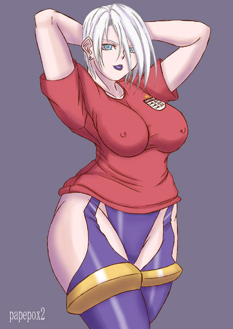 1girl arms_up breasts curvy erect_nipples female green_eyes hips isabella_valentine lipstick makeup namco papepox2 shirt short_hair simple_background solo soul_calibur thighs white_hair wide_hips