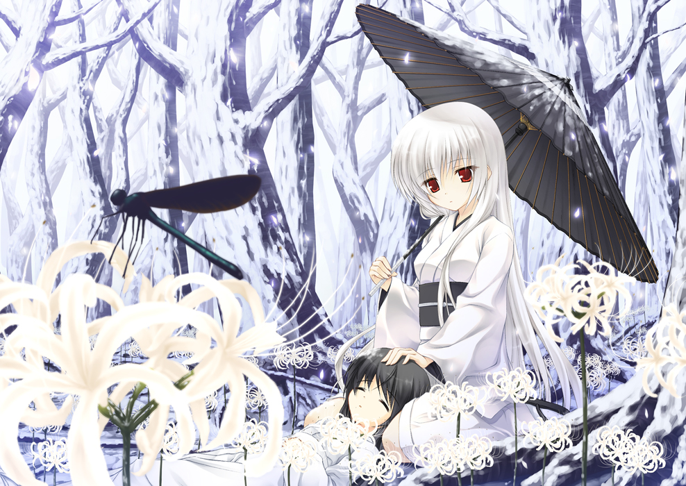 black_hair bug closed_eyes dragonfly flower forest hand_on_head insect japanese_clothes kimono long_hair multiple_girls nature oriental_umbrella original red_eyes sleeping snow spider_lily tree umbrella white_hair white_spider_lily yuku_(kiollion)