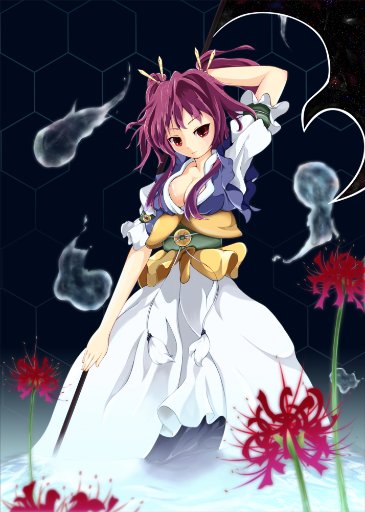 breasts cleavage flower hair_bobbles hair_ornament hitodama ilis japanese_clothes large_breasts onozuka_komachi red_eyes red_hair solo spider_lily touhou two_side_up