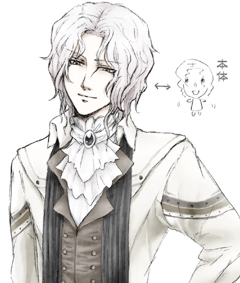 cravat granado_espada grey_eyes male_focus smile solo standing wavy_hair white_hair wizard_(granado_espada)