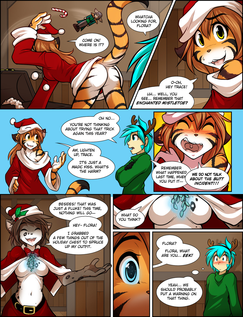 anthro back bottomless butt christmas clothed clothing english_text feline female flora_(twokinds) half-dressed hat holidays human hybrid kathrin_(twokinds) male mammal mistletoe plant text tiger tom_fischbach tongue trace_legacy twokinds webcomic