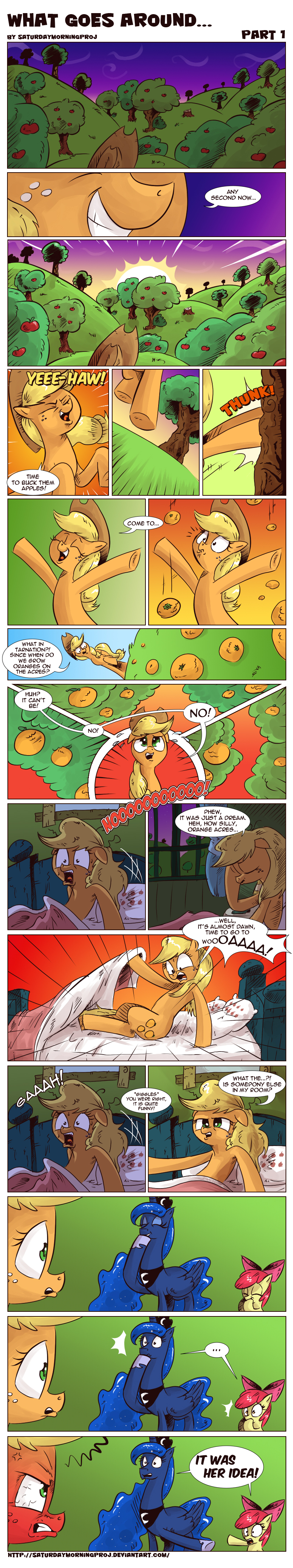 2015 absurd_res angry apple apple_bloom_(mlp) applejack_(mlp) bed blanket blonde_hair comic cutie_mark dream earth_pony english_text equine female feral food friendship_is_magic fruit fur grass hair hi_res hill horn horse mammal my_little_pony nightmare pillow pony princess_luna_(mlp) saturdaymorningproj smile sun text tree window winged_unicorn wings